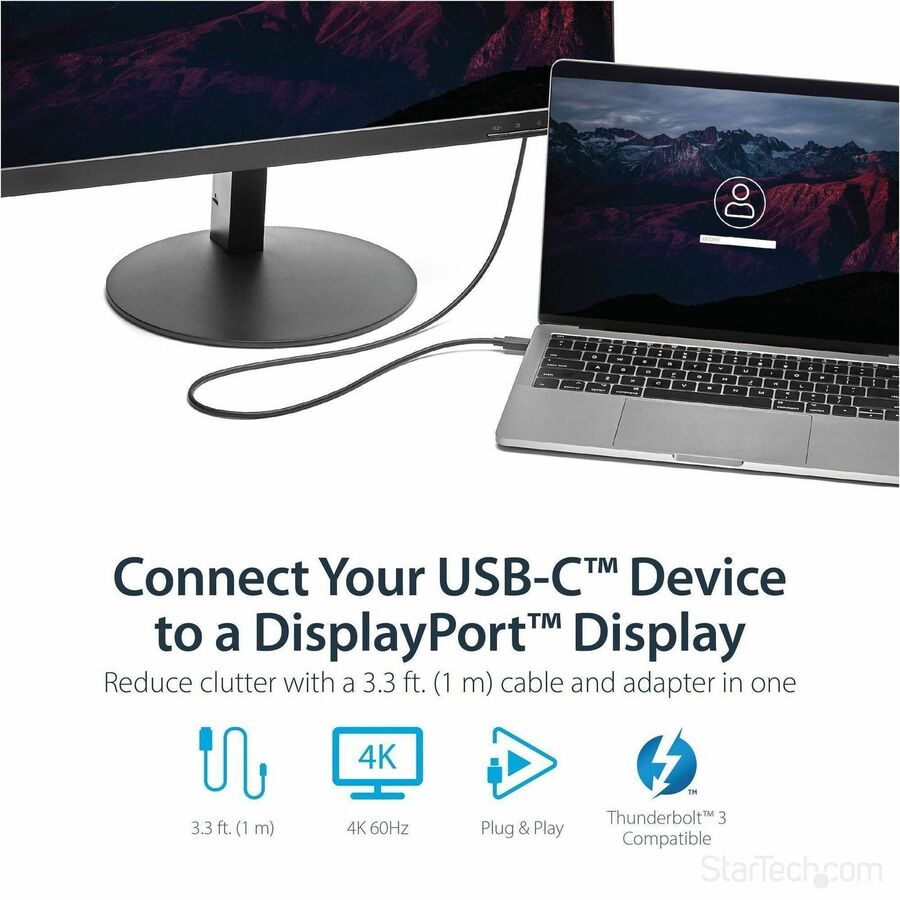 Alternate-Image1 Image for StarTech.com 3ft/1m USB C to DisplayPort 1.2 Cable 4K 60Hz - USB Type-C to DP Video Adapter Monitor Cable HBR2 - TB3 Compatible - Black