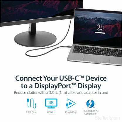 Alternate-Image1 Image for StarTech.com 3ft/1m USB C to DisplayPort 1.2 Cable 4K 60Hz - USB Type-C to DP Video Adapter Monitor Cable HBR2 - TB3 Compatible - Black