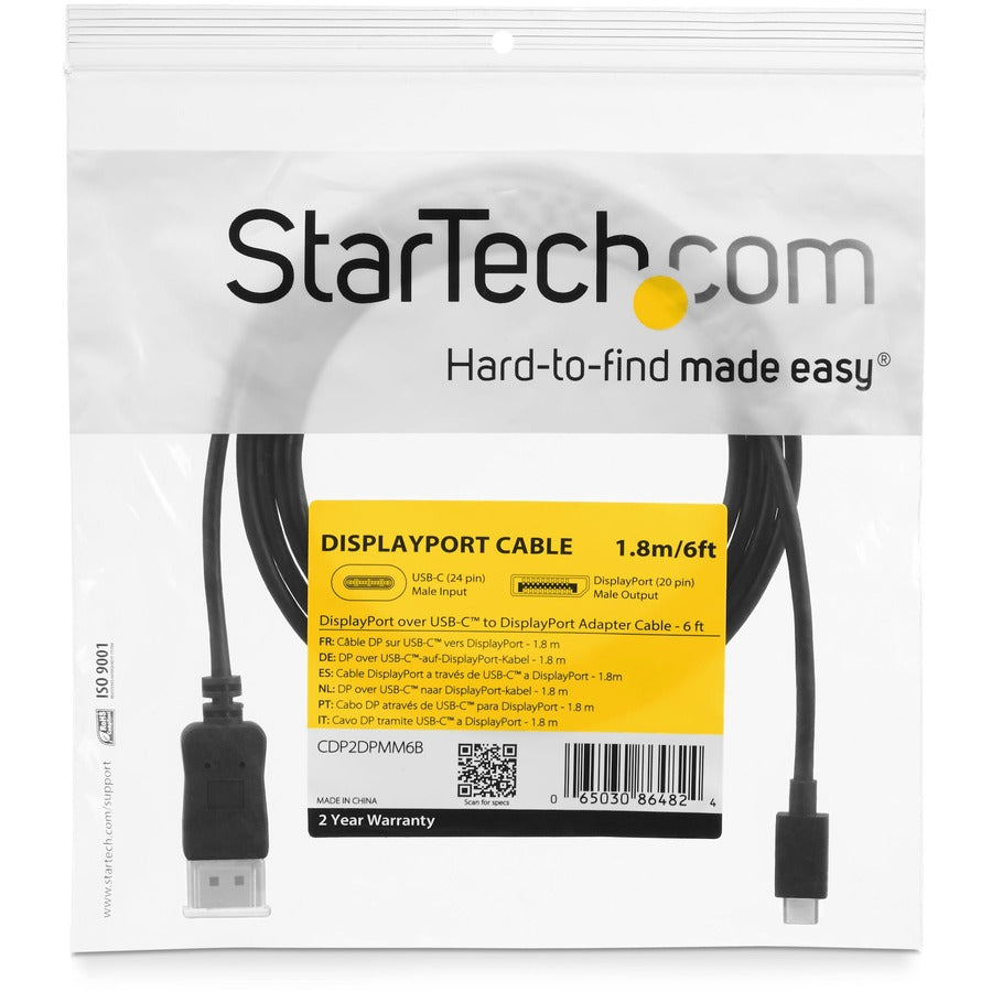 Alternate-Image5 Image for StarTech.com 6ft/1.8m USB C to DisplayPort 1.2 Cable 4K 60Hz - USB Type-C to DP Video Adapter Monitor Cable HBR2 - TB3 Compatible - Black