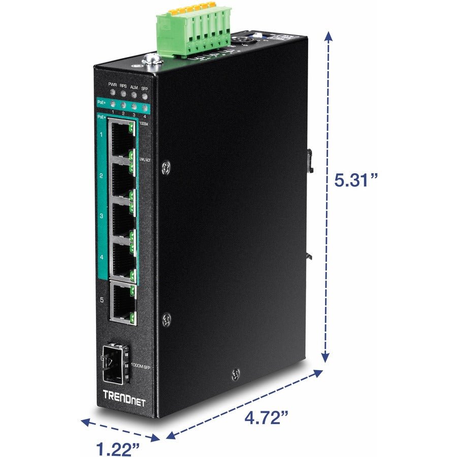 Alternate-Image4 Image for TRENDnet 6-Port Hardened Industrial Gigabit Poe+ Layer 2 Managed DIN-Rail Switch, 4 x Gigabit PoE+ 802.3at Ports, 1 x Gigabit Port, 1 x Gigabit SFP Slot, 120W Power Budget, Black, TI-PG541i