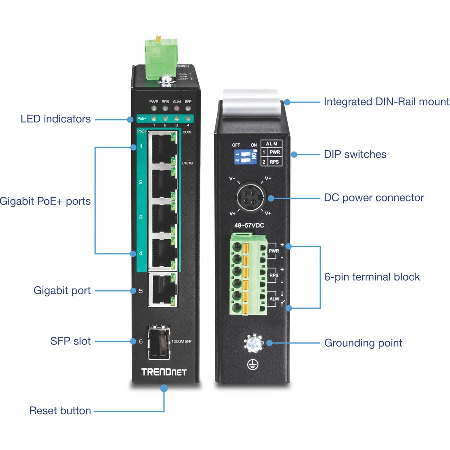 Alternate-Image5 Image for TRENDnet 6-Port Hardened Industrial Gigabit Poe+ Layer 2 Managed DIN-Rail Switch, 4 x Gigabit PoE+ 802.3at Ports, 1 x Gigabit Port, 1 x Gigabit SFP Slot, 120W Power Budget, Black, TI-PG541i