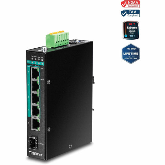 Main Image for TRENDnet 6-Port Hardened Industrial Gigabit Poe+ Layer 2 Managed DIN-Rail Switch, 4 x Gigabit PoE+ 802.3at Ports, 1 x Gigabit Port, 1 x Gigabit SFP Slot, 120W Power Budget, Black, TI-PG541i