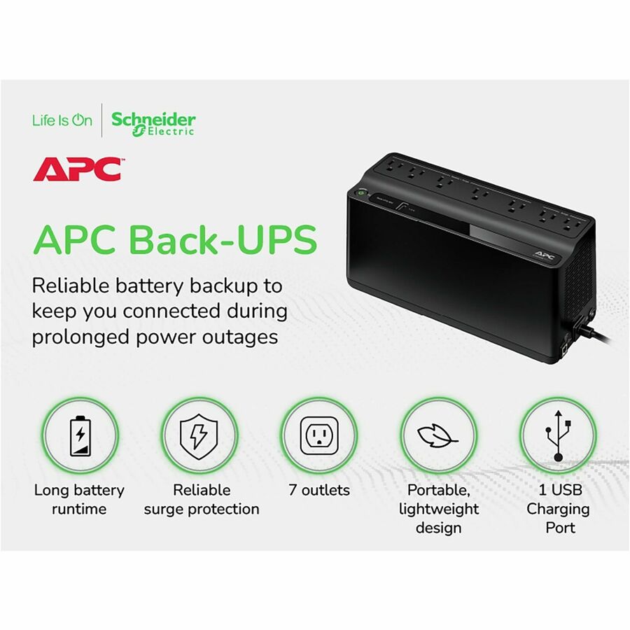 Alternate-Image1 Image for APC Back-UPS 600VA, 120V, 1 USB charging port, 7 NEMA outlets (2 surge)