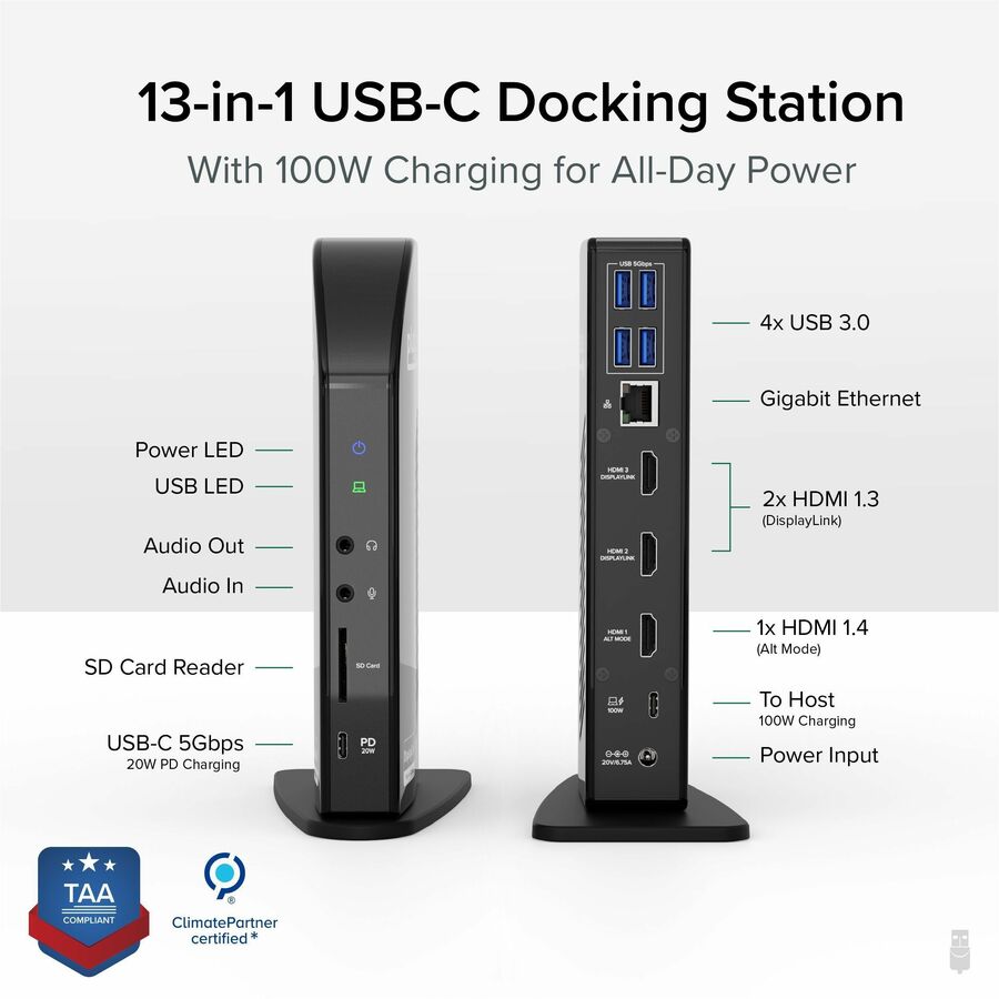 Alternate-Image1 Image for Plugable 13-in-1 USB-C Triple Monitor Docking Station with 100W Charging, Compatible with Windows, Mac, and Chrome with Thunderbolt 3 / 4 or USB-C