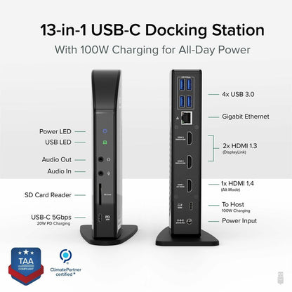 Alternate-Image1 Image for Plugable 13-in-1 USB-C Triple Monitor Docking Station with 100W Charging, Compatible with Windows, Mac, and Chrome with Thunderbolt 3 / 4 or USB-C