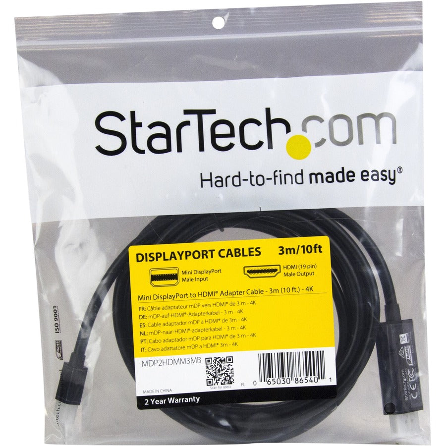 Bottom Image for StarTech.com 10ft (3m) Mini DisplayPort to HDMI Cable, 4K 30Hz Video, Mini DP to HDMI Adapter/Converter Cable, mDP to HDMI Monitor/Display