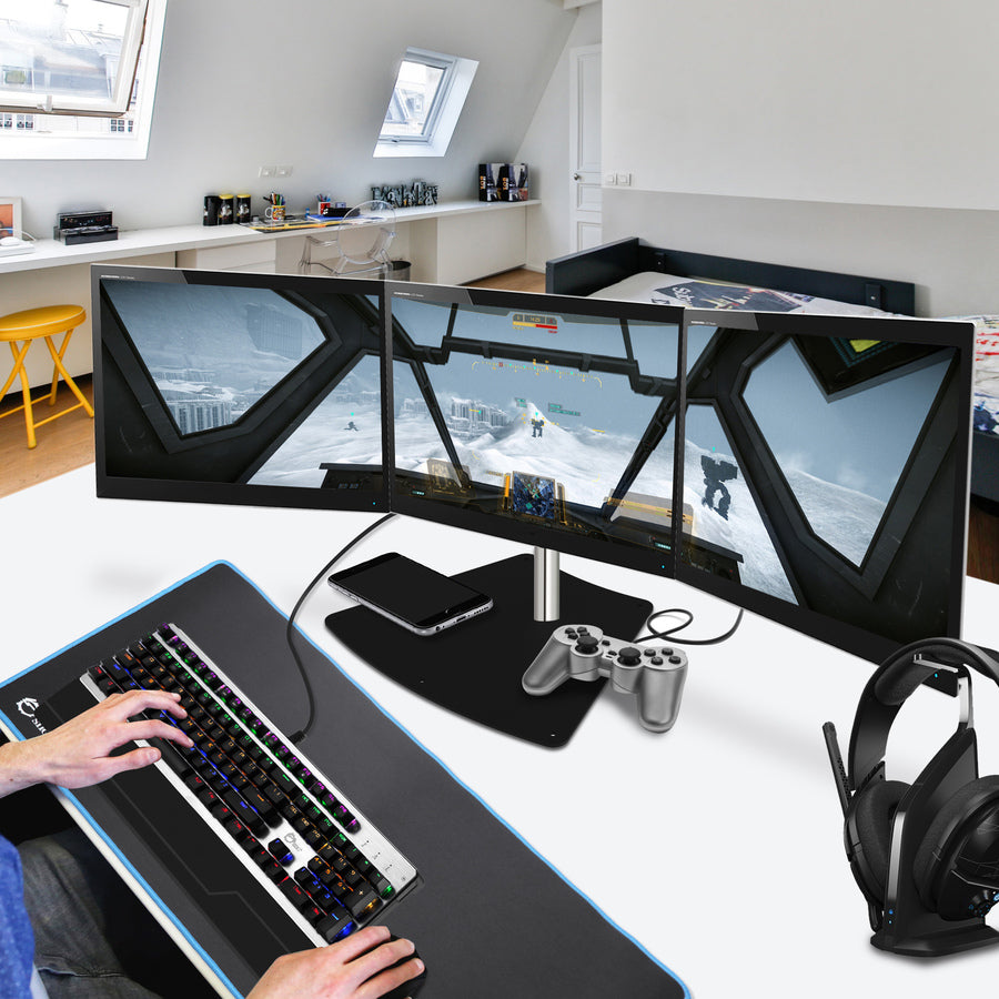 Life-Style Image for SIIG Premium Aluminum Freestanding Triple Monitor desk stand - 13" to 27" - Max Load 17.6 lbs each