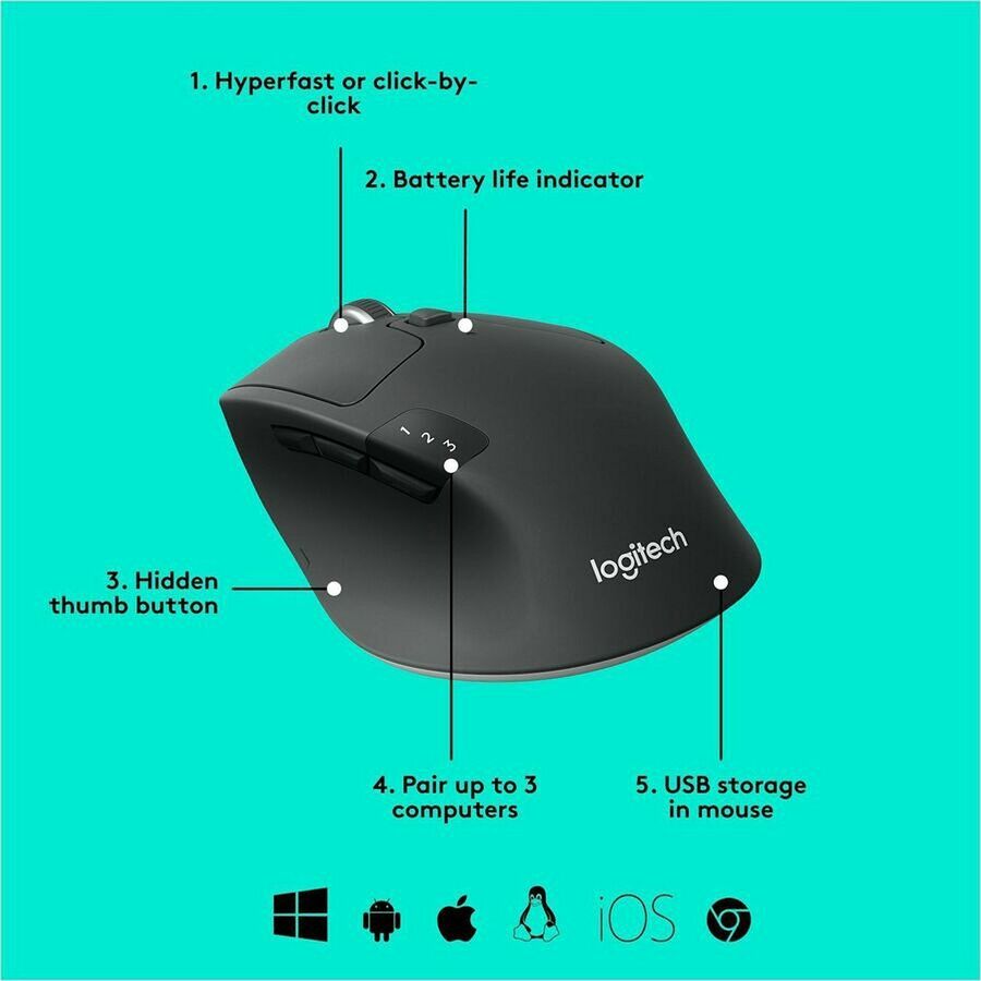 Alternate-Image6 Image for Logitech M720 Triathlon Multi-Device Wireless Mouse, Bluetooth, USB Unifying Receiver, 1000 DPI, 8 Buttons, Black