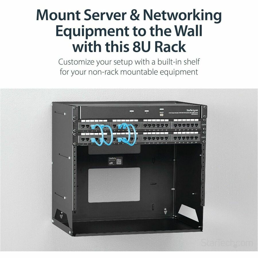 Alternate-Image1 Image for StarTech.com 2-Post 8U Open Frame Wall Mount Network Rack with Built-in Shelf and Adjustable Depth, Computer Rack for IT Equipment, TAA~