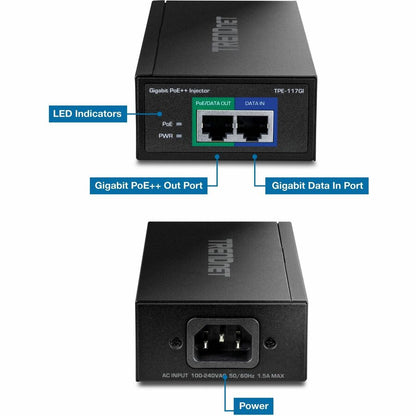 Alternate-Image2 Image for TRENDnet Gigabit PoE++ Injector, Supplies PoE (15.4W), PoE+ (30W), or PoE++ (60W), Network A PoE Device Up To 100m(328 ft), Supports IEEE 802.3af,802.at, Plug & Play, Black, TPE-117GI