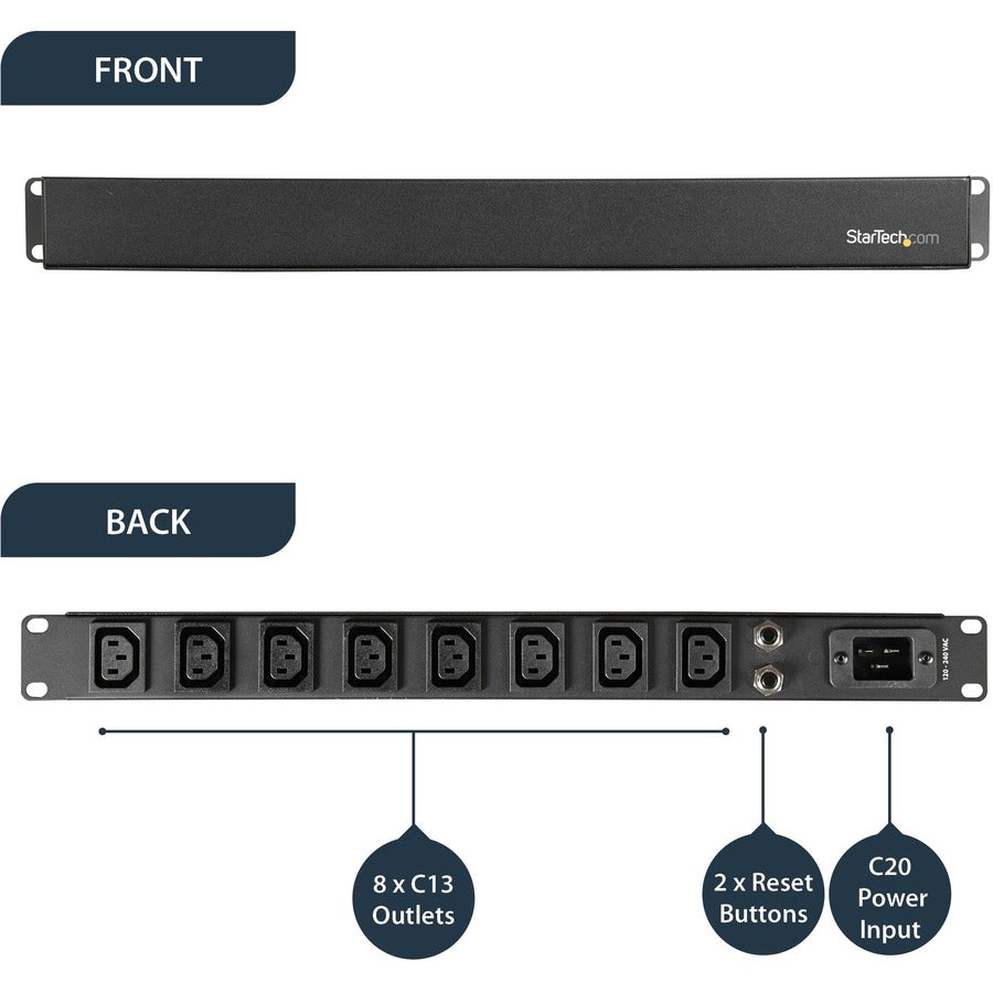 Alternate-Image5 Image for StarTech 1U 19" 8 Port Rack Mount PDU, IEC C13 Socket Rackmount Power Supply/ Strip, Horizontal Server Rack PDU 16A 240V