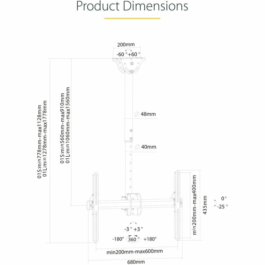 Alternate-Image7 Image for StarTech TV Ceiling Mount, Full-Motion Hanging Single Screen Vesa Mount for 32"-75" TVs / Displays - Height Adjustable Telescopic Pole