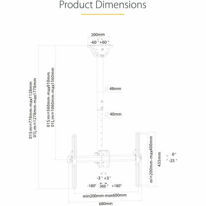 Alternate-Image7 Image for StarTech TV Ceiling Mount, Full-Motion Hanging Single Screen Vesa Mount for 32"-75" TVs / Displays - Height Adjustable Telescopic Pole