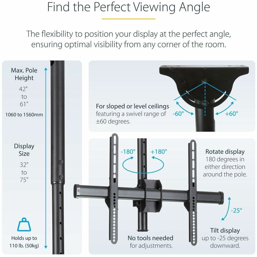 Alternate-Image3 Image for StarTech TV Ceiling Mount, Full-Motion Hanging Single Screen Vesa Mount for 32"-75" TVs / Displays - Height Adjustable Telescopic Pole