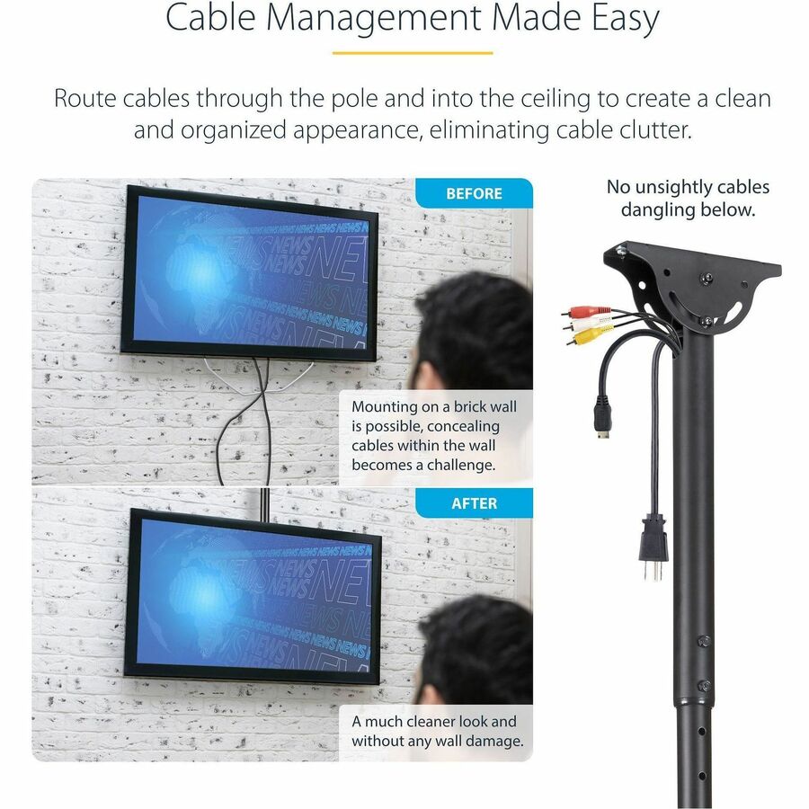 Alternate-Image2 Image for StarTech TV Ceiling Mount, Full-Motion Hanging Single Screen Vesa Mount for 32"-75" TVs / Displays - Height Adjustable Telescopic Pole