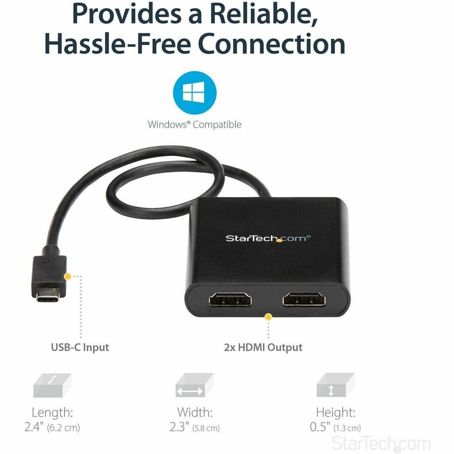 Alternate-Image4 Image for StarTech.com USB-C to Dual HDMI Adapter, USB Type-C Multi-Monitor MST Hub, Dual 4K 30Hz HDMI Laptop Display Extender/Splitter, Windows~