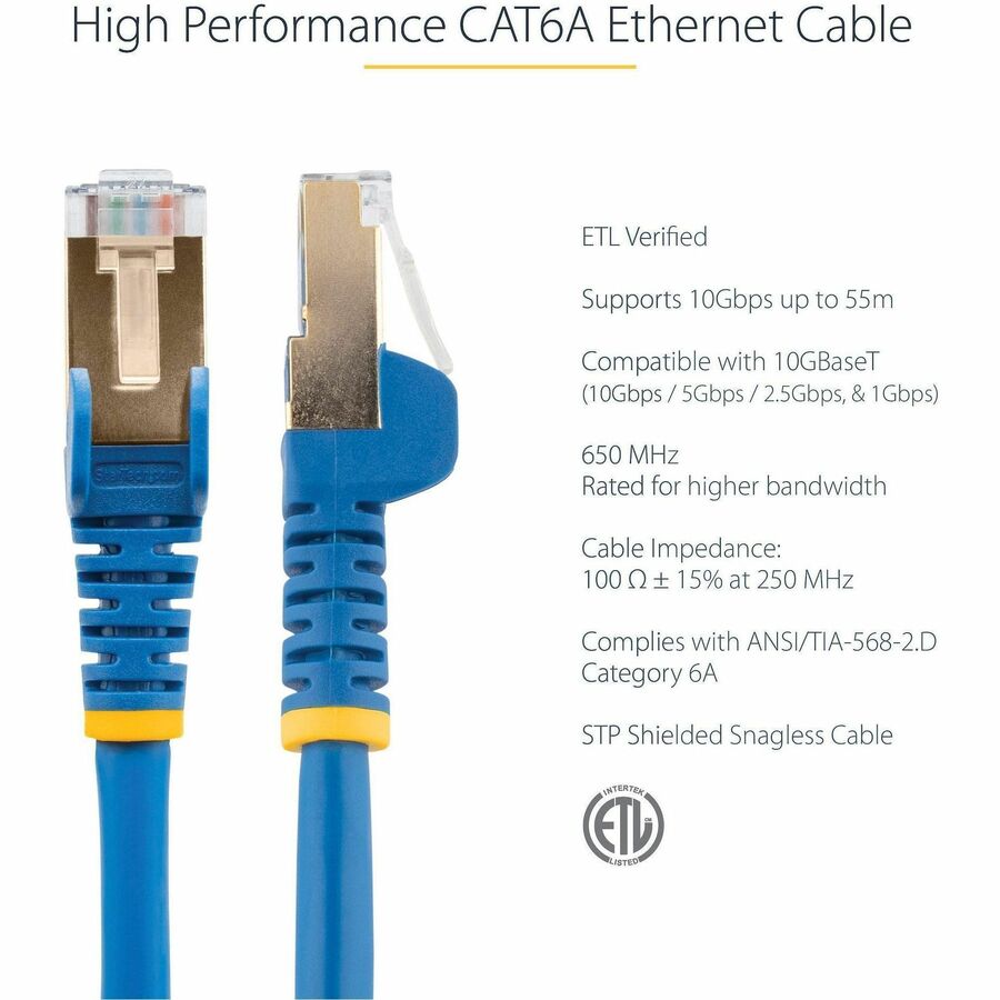 Alternate-Image1 Image for StarTech.com 15ft CAT6a Ethernet Cable - 10 Gigabit Category 6a Shielded Snagless 100W PoE Patch Cord - 10GbE Blue UL Certified Wiring/TIA