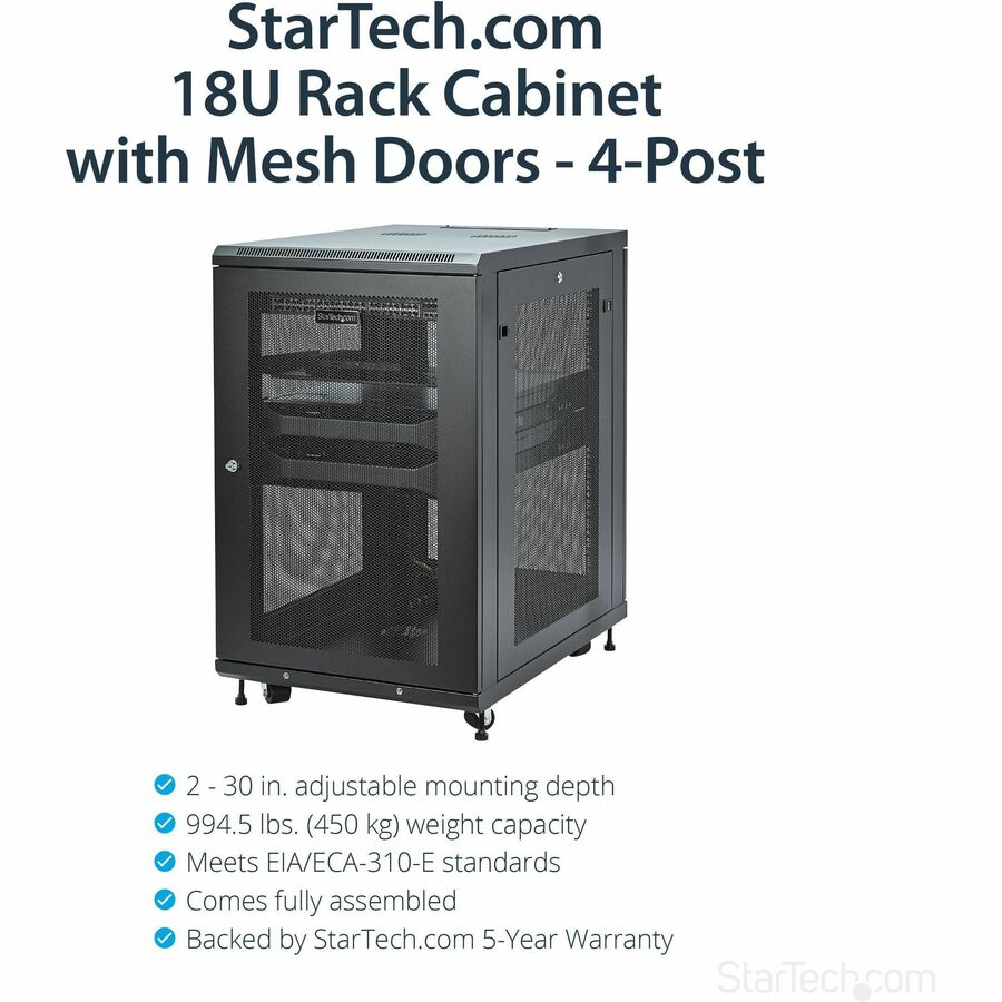 Alternate-Image1 Image for StarTech.com 18U 19" Server Rack Cabinet 4 Post Adjustable Depth 2-30" w/Casters/Cable Management/1U Shelf, Locking Doors and Side Panels