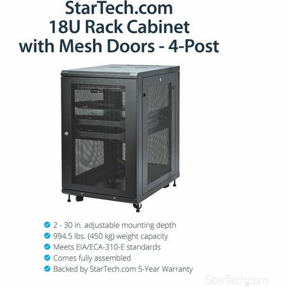 Alternate-Image1 Image for StarTech.com 18U 19" Server Rack Cabinet 4 Post Adjustable Depth 2-30" w/Casters/Cable Management/1U Shelf, Locking Doors and Side Panels