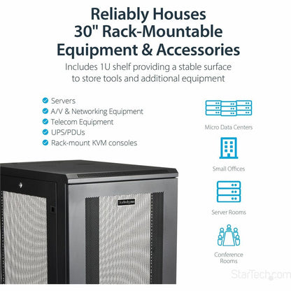 Alternate-Image3 Image for StarTech.com 24U 19" Server Rack Cabinet 4 Post Adjustable Depth 2-30" w/Casters/Cable Management/1U Shelf, Locking Doors and Side Panels