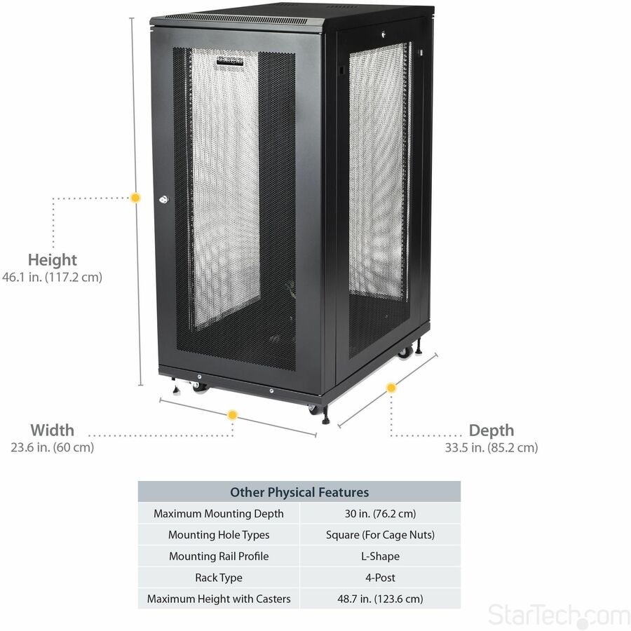 Alternate-Image4 Image for StarTech.com 24U 19" Server Rack Cabinet 4 Post Adjustable Depth 2-30" w/Casters/Cable Management/1U Shelf, Locking Doors and Side Panels