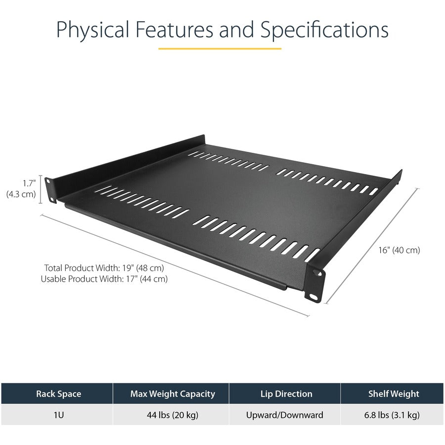 Alternate-Image2 Image for StarTech.com 1U Vented Server Rack Cabinet Shelf - Fixed 16" Deep Cantilever Rackmount Tray for 19" Data/AV/Network Enclosure w/Cage Nuts