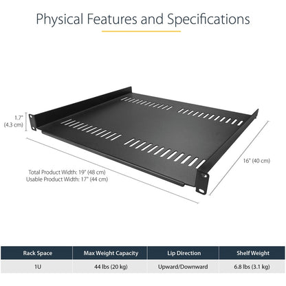 Alternate-Image2 Image for StarTech.com 1U Vented Server Rack Cabinet Shelf - Fixed 16" Deep Cantilever Rackmount Tray for 19" Data/AV/Network Enclosure w/Cage Nuts