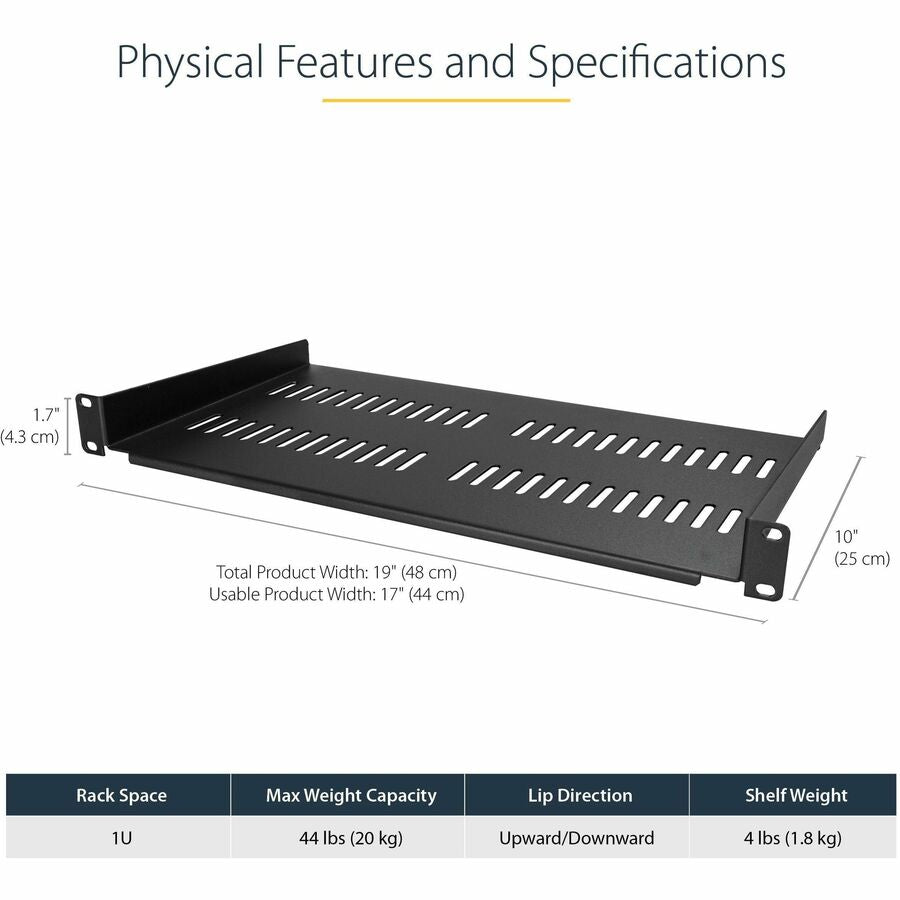 Alternate-Image2 Image for StarTech.com 1U Vented Server Rack Cabinet Shelf - Fixed 10in Deep Cantilever Rackmount Tray for 19" Data/AV/Network Enclosure w/Cage Nuts