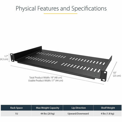 Alternate-Image2 Image for StarTech.com 1U Vented Server Rack Cabinet Shelf - Fixed 10in Deep Cantilever Rackmount Tray for 19" Data/AV/Network Enclosure w/Cage Nuts