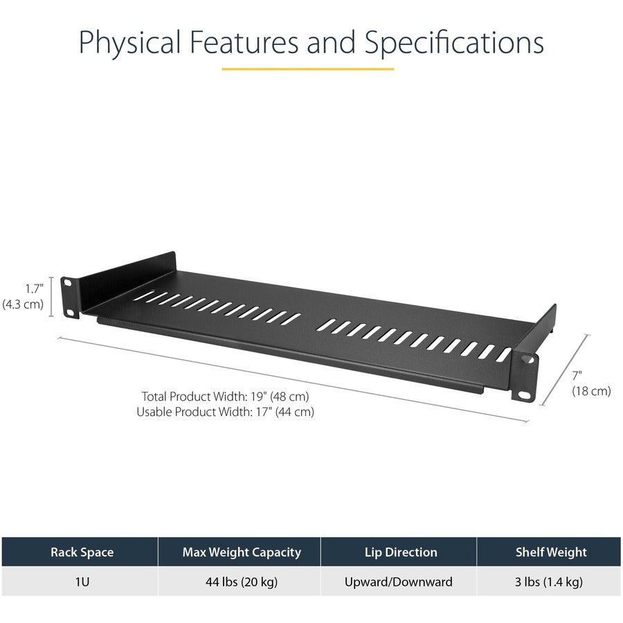 Alternate-Image3 Image for StarTech.com 1U Vented Server Rack Cabinet Shelf - Fixed 7in Deep Cantilever Rackmount Tray for 19" Data/AV/Network Enclosure w/Cage Nuts