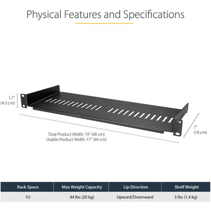 Alternate-Image3 Image for StarTech.com 1U Vented Server Rack Cabinet Shelf - Fixed 7in Deep Cantilever Rackmount Tray for 19" Data/AV/Network Enclosure w/Cage Nuts