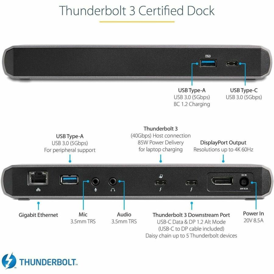 Alternate-Image1 Image for StarTech.com Thunderbolt 3 Dock - Dual Monitor 4K 60Hz TB3 Laptop Docking Station with DisplayPort - 85W Power Delivery - 3x USB 3.0, GbE