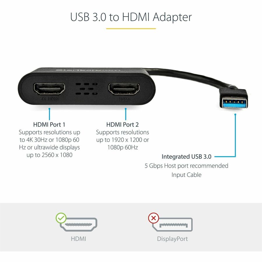 Alternate-Image3 Image for StarTech.com USB 3.0 to Dual HDMI Adapter, USB to 2x HDMI Monitor Converter for Windows (no support for macOS/ChromeOS/Linux) - TAA
