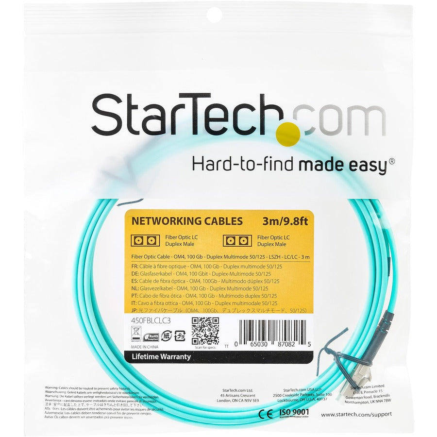 Alternate-Image3 Image for StarTech.com 3m (10ft) LC/UPC to LC/UPC OM4 Multimode Fiber Optic Cable, 50/125&micro;m, 100G, Low Insertion Loss, LSZH Fiber Jumper Cord