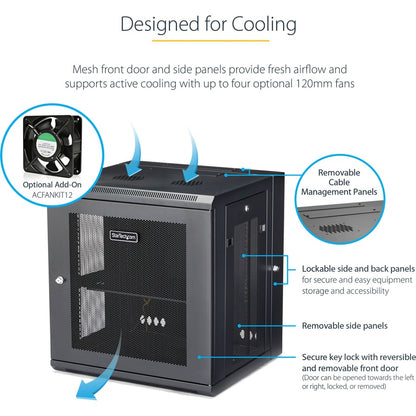 Alternate-Image3 Image for StarTech 4-Post 12U Wall Mount Network Cabinet, 19" Hinged Wall-Mounted Server Rack for IT Equipment, Flexible Lockable Rack Enclosure