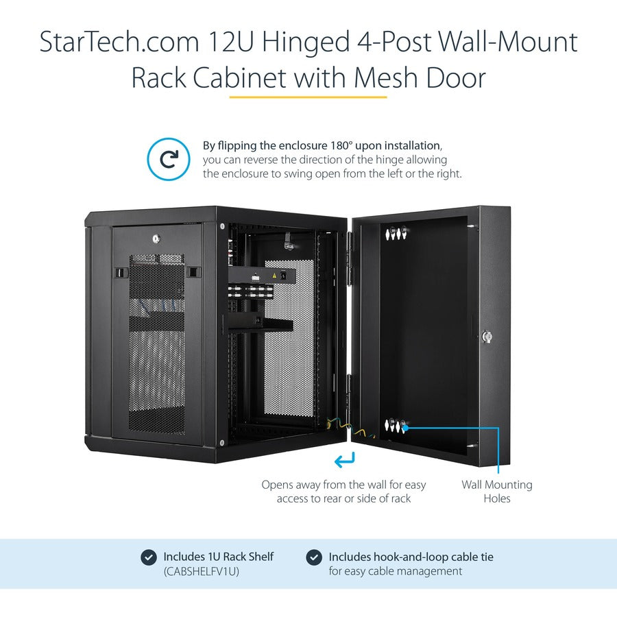Alternate-Image2 Image for StarTech 4-Post 12U Wall Mount Network Cabinet, 19" Hinged Wall-Mounted Server Rack for IT Equipment, Flexible Lockable Rack Enclosure