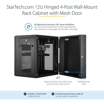 Alternate-Image2 Image for StarTech 4-Post 12U Wall Mount Network Cabinet, 19" Hinged Wall-Mounted Server Rack for IT Equipment, Flexible Lockable Rack Enclosure