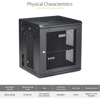 Alternate-Image4 Image for StarTech 4-Post 12U Wall Mount Network Cabinet, 19" Hinged Wall-Mounted Server Rack for IT Equipment, Flexible Lockable Rack Enclosure