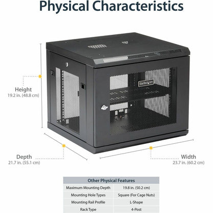 Alternate-Image4 Image for StarTech.com 4-Post 9U Wall Mount Network Cabinet, 19" Wall-Mounted Server Rack for Data / Computer Equipment, Small IT Rack Enclosure