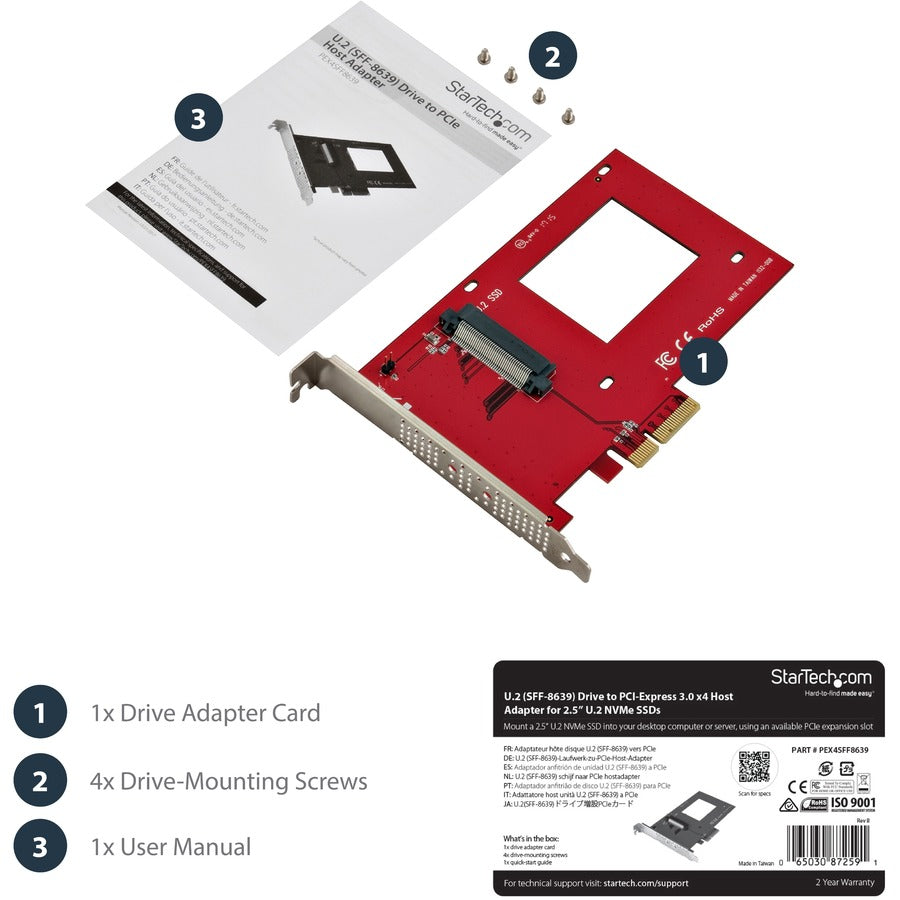 Alternate-Image8 Image for StarTech U.2 to PCIe Adapter for 2.5" U.2 NVMe SSD, SFF-8639 PCIe Adapter, x4 PCI Express 4.0, NVMe PCIe Adapter, U.2 PCIe Card, TAA
