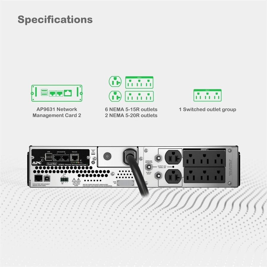 Alternate-Image6 Image for APC Smart-UPS, Line Interactive, 2200VA, Rackmount 2U, 120V, 6x NEMA 5-15R+2x NEMA 5-20R outlets, Network Card, AVR, LCD