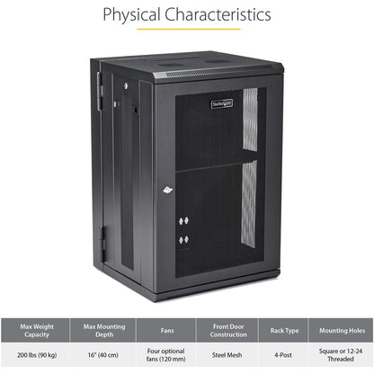 Alternate-Image4 Image for StarTech.com 4-Post 18U Wall Mount Network Cabinet, 19" Hinged Wall-Mounted Server Rack for Data / IT Equipment, Lockable Rack Enclosure