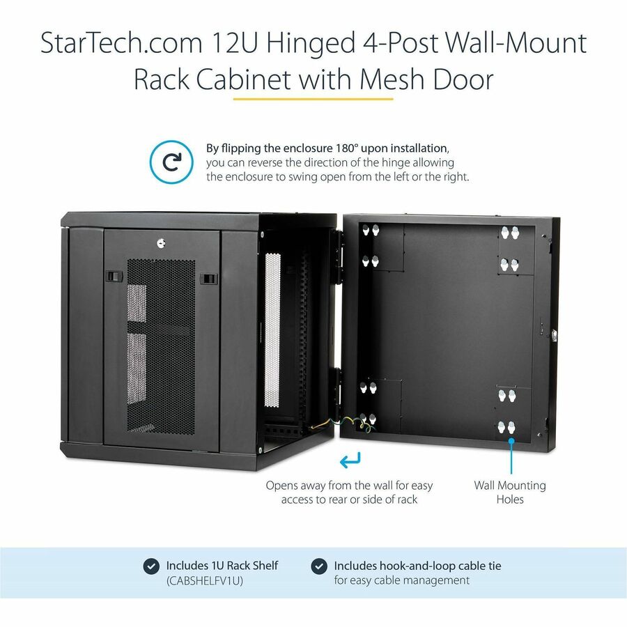 Alternate-Image1 Image for StarTech 4-Post 12U Wall Mount Network Cabinet, 19" Hinged Wall-Mounted Server Rack for IT Equipment, Flexible Lockable Rack Enclosure