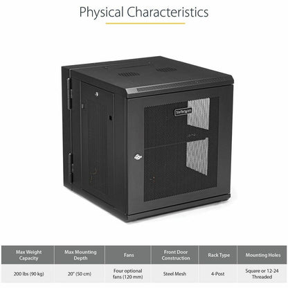 Alternate-Image3 Image for StarTech 4-Post 12U Wall Mount Network Cabinet, 19" Hinged Wall-Mounted Server Rack for IT Equipment, Flexible Lockable Rack Enclosure