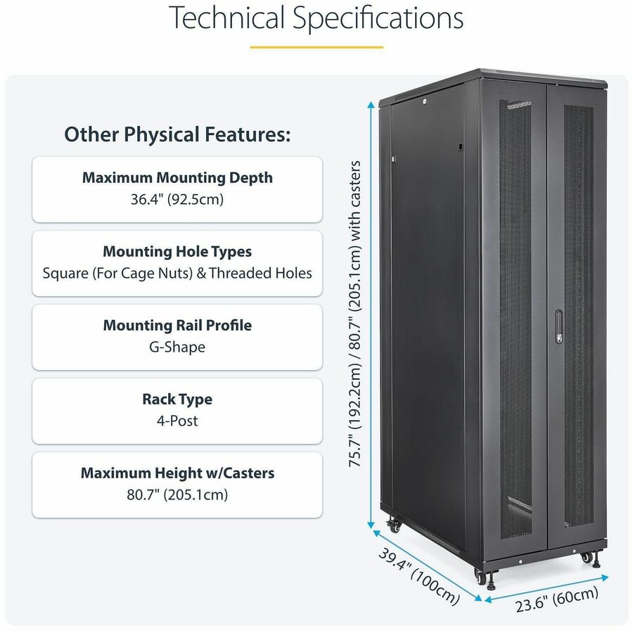 Alternate-Image4 Image for StarTech.com 4-Post 42U Server Rack Cabinet, 19" Data Rack Cabinet for Computer / IT Equipment mount, Rack Server Cabinet with Casters
