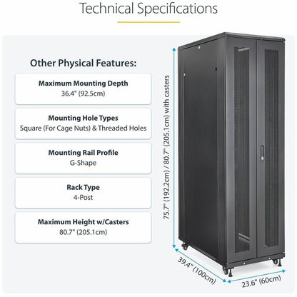 Alternate-Image4 Image for StarTech.com 4-Post 42U Server Rack Cabinet, 19" Data Rack Cabinet for Computer / IT Equipment mount, Rack Server Cabinet with Casters