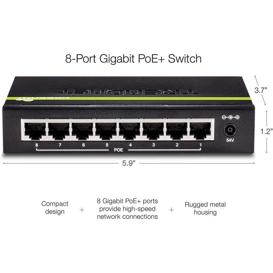 Alternate-Image5 Image for TRENDnet 8-Port GREENnet Gigabit PoE+ Switch, Supports PoE And PoE+ Devices, 61W PoE Budget, 16Gbps Switching Capacity, Data & Power Via Ethernet To PoE Access Points & IP Cameras, Black, TPE-TG82G