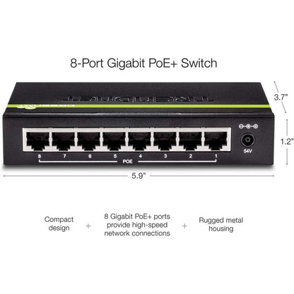 Alternate-Image5 Image for TRENDnet 8-Port GREENnet Gigabit PoE+ Switch, Supports PoE And PoE+ Devices, 61W PoE Budget, 16Gbps Switching Capacity, Data & Power Via Ethernet To PoE Access Points & IP Cameras, Black, TPE-TG82G