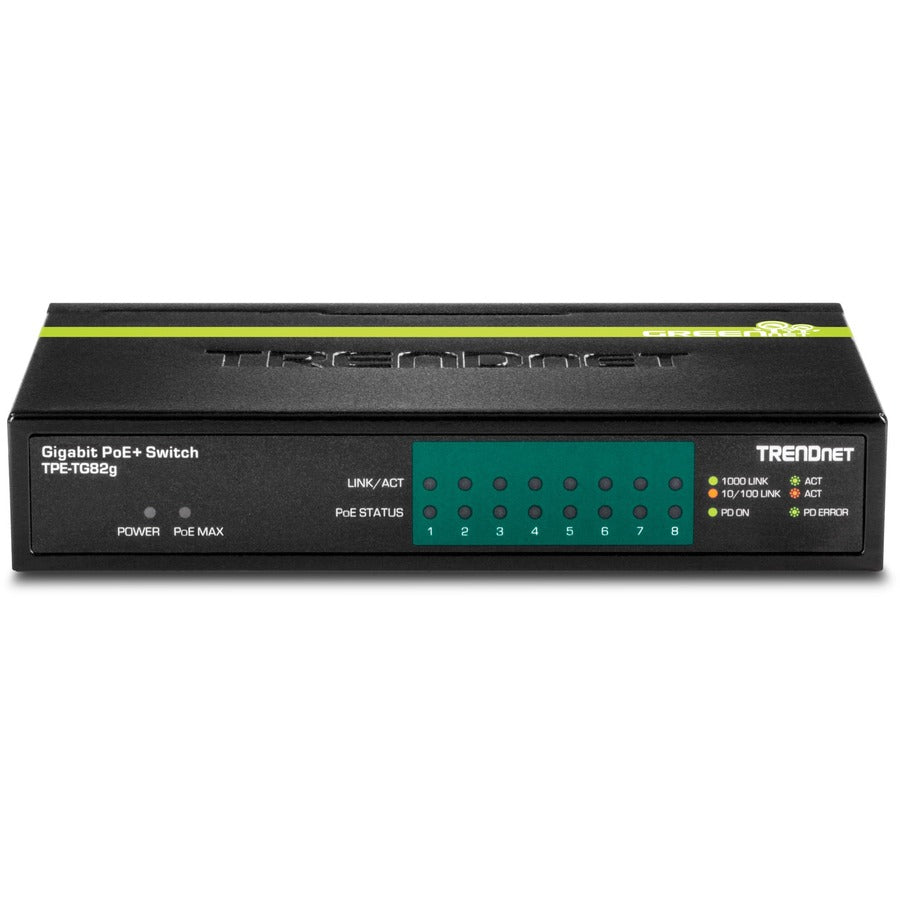 Alternate-Image2 Image for TRENDnet 8-Port GREENnet Gigabit PoE+ Switch, Supports PoE And PoE+ Devices, 61W PoE Budget, 16Gbps Switching Capacity, Data & Power Via Ethernet To PoE Access Points & IP Cameras, Black, TPE-TG82G