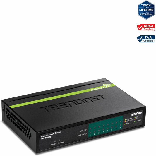 Main Image for TRENDnet 8-Port GREENnet Gigabit PoE+ Switch, Supports PoE And PoE+ Devices, 61W PoE Budget, 16Gbps Switching Capacity, Data & Power Via Ethernet To PoE Access Points & IP Cameras, Black, TPE-TG82G